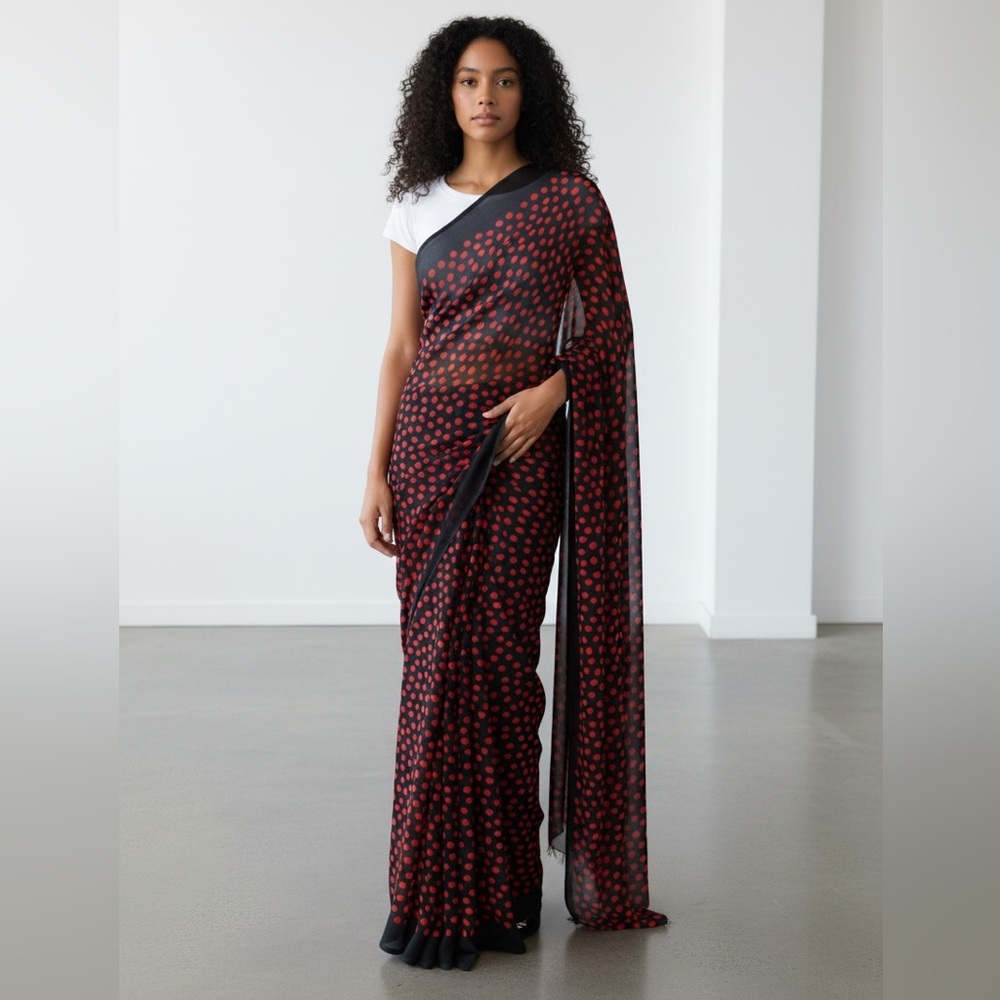 Nwots Elegant Black and Red Polka Dot Saree fabric